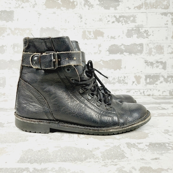 Latenace Black Single Strap Vintage Leather High Ankle Round Toe Boot V733 - Picture 5 of 13